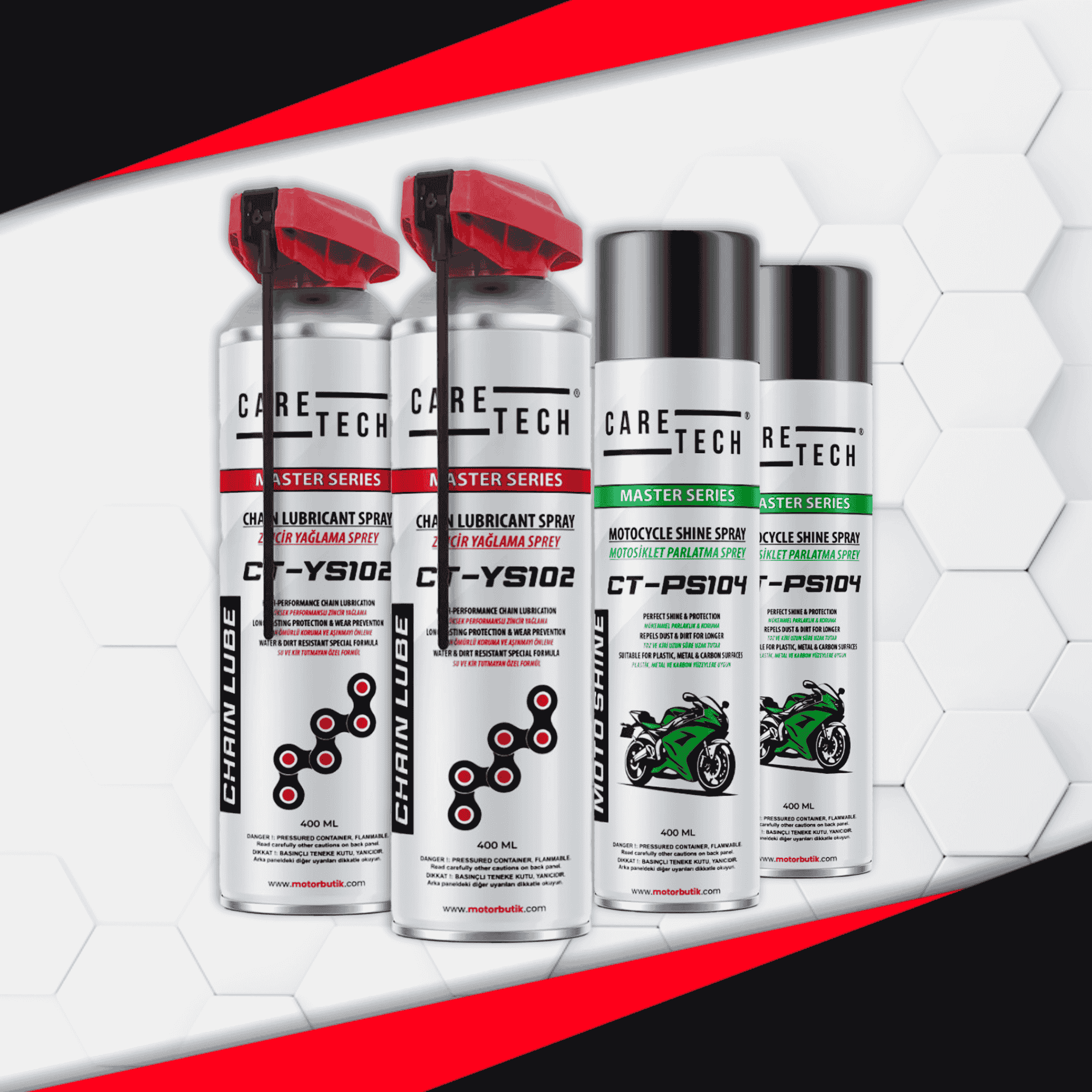 CARETECH MOTOSİKLET ZİNCİR YAĞLAMA VE PARLATMA SPREYI SETİ - 4'LÜ SET